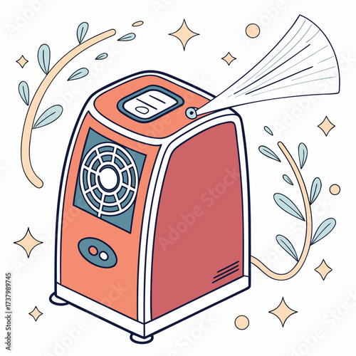 Red air purifier with blue fan and glowing panel humidifier