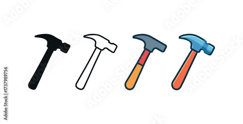 Vector icon roofing hammer four styles black solid glyph outline minimal flat multicolor filled cartoon flat shaded.