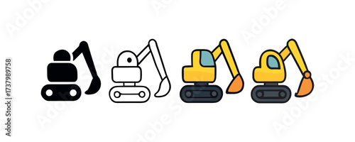 Vector icon autonomous excavator four styles black solid glyph outline minimal flat multicolor filled cartoon flat shaded.