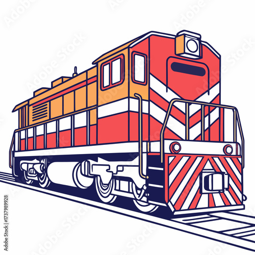 Red and orange diesel train engine on tracks locomotive