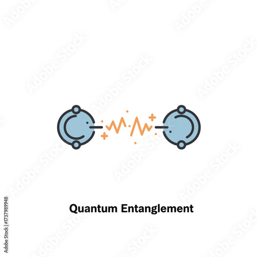 A conceptual icon of quantum entanglement, showing two interconnected subatomic particles with an energy wave between them.