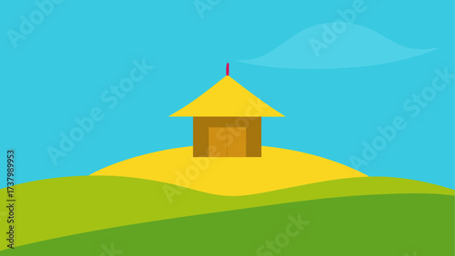 Illustration of a house on a hill daytime