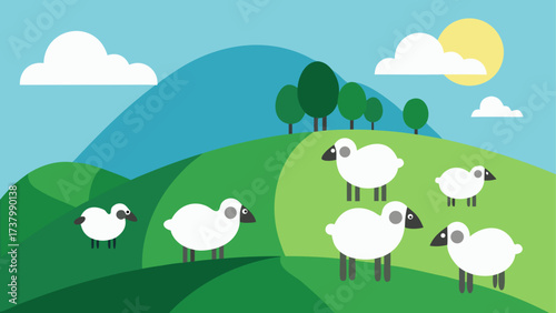 Sheep grazing on green hills under blue sky