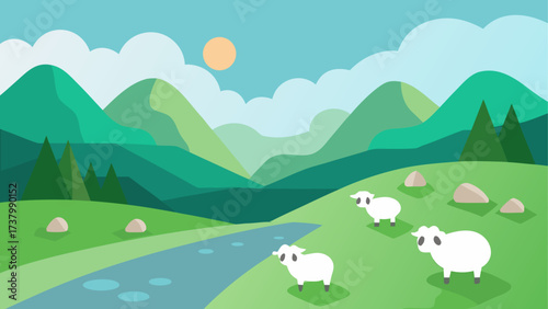 Scenic landscape with sheep and mountains