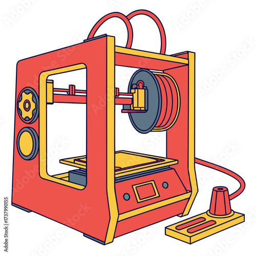 Red and yellow 3d printer with filament spool additive manufacturing