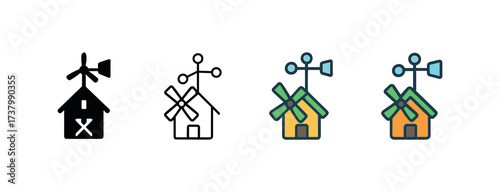 Vector icon farm weather station four styles black solid glyph outline minimal flat multicolor filled cartoon flat shaded.