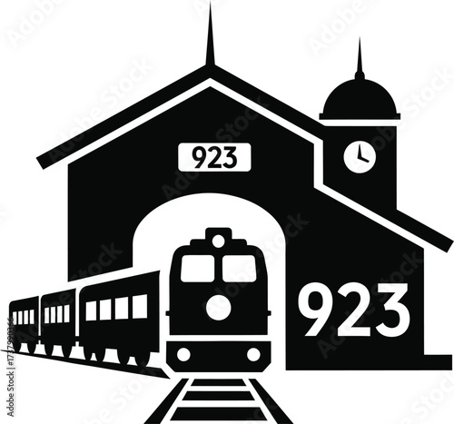 Silhouette of a train arriving at a station with a clock tower