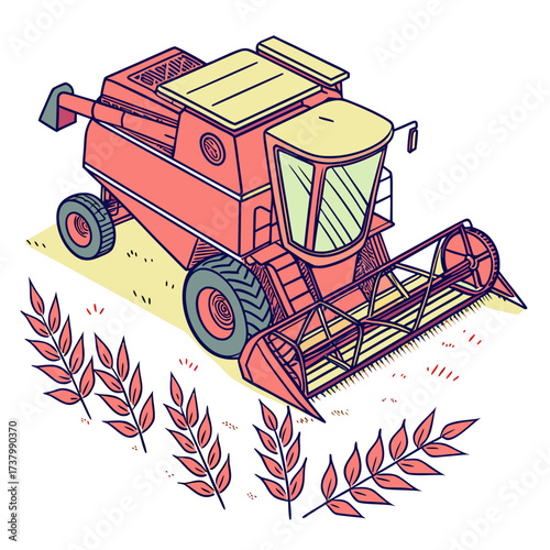 Red and yellow combine harvester in a field with wheat stalks