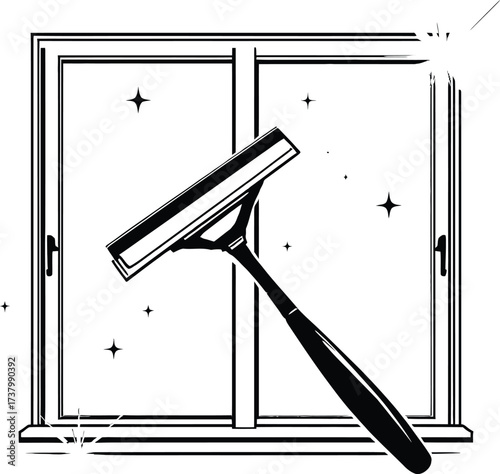 Window Cleaning Silhouette Vector Featuring Squeegee, Sparkles, and Two-Pane Glass in Black and White Line Art Style