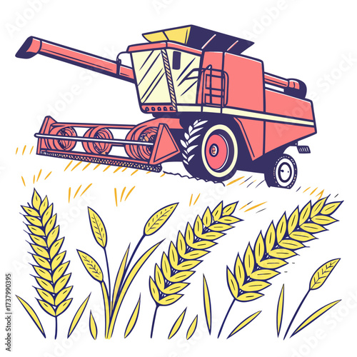 Red and yellow combine harvester in wheat field agriculture