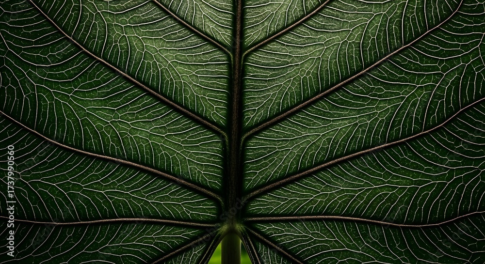 Fototapeta premium Extreme close up of a large green leaf, highlighting the intricate vein pattern and midrib structure, symbolizing nature's detail, biology, texture, organic design, and life system