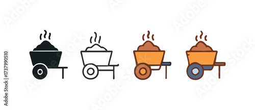 Vector icon manure spreader four styles black solid glyph outline minimal flat multicolor filled cartoon flat shaded.