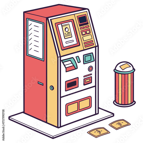 Red and yellow ticket printing machine with trash can