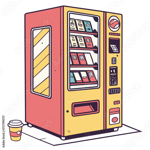 Red and yellow vending machine with coffee cup teal