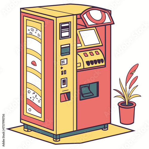 Red and yellow vending machine with potted plant dispenser
