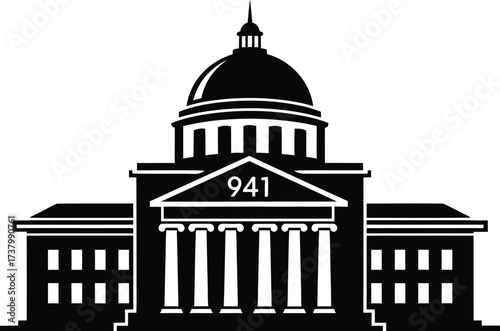 Stylized silhouette of a government building with a dome