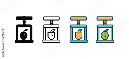 Vector icon olive press four styles black solid glyph outline minimal flat multicolor filled cartoon flat shaded.