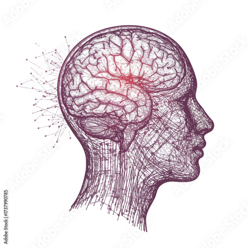 Artistic illustration of a human head in profile showing the brain with a glowing spot and neural connections.