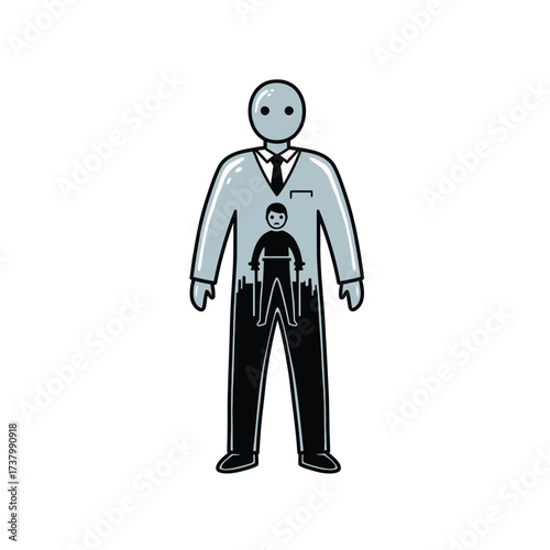 Conceptual illustration of a businessman with a nested inner self containing a city skyline.