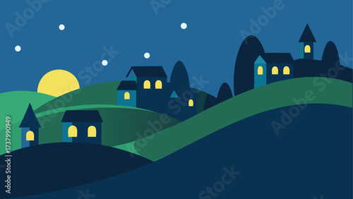 Night landscape with houses and moon view