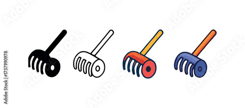Vector icon wheel rake four styles black solid glyph outline minimal flat multicolor filled cartoon flat shaded.