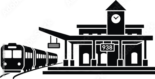 Train station silhouette with clock tower and approaching train