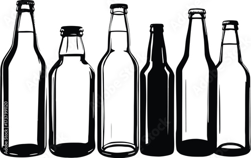 Glass Bottle Silhouette Set Vector Featuring Six Unique Shapes with Varying Necks, Bodies, and Heights in Line Art Style