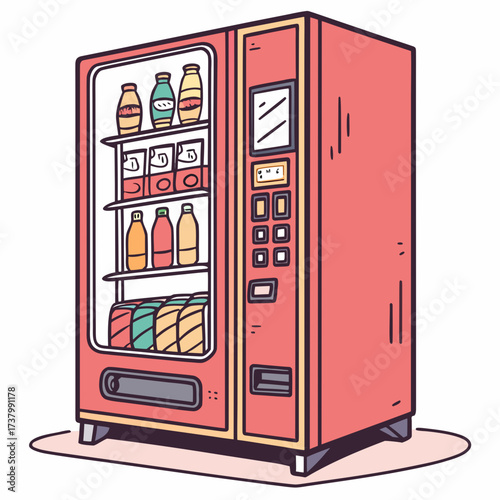 Red vending machine with colorful drinks and snacks
