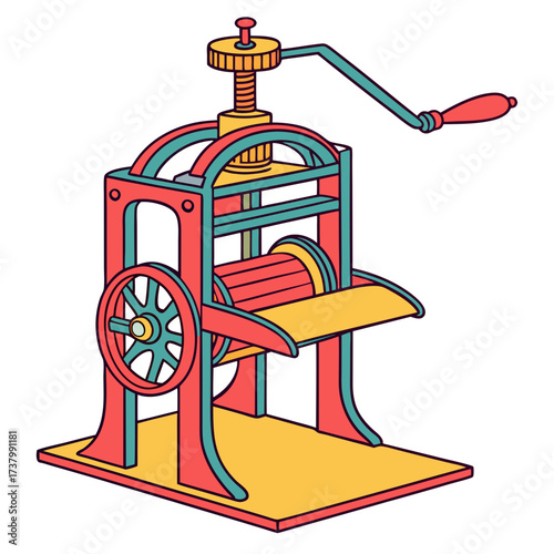 Red teal yellow printing press machine industrial vintage