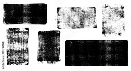 Black linocut stamp textures on an acid white background. Handmade ink roller set with rough edges and aged effects, creating grunge urban backdrops and distressed street art overlays.

