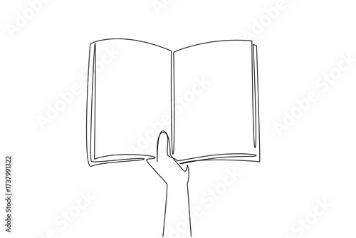Single continuous line drawing hand holding a notebook. Opening notes. Reading references becomes better. The most learner. Be the best. National Notebook Day. One line design vector illustration