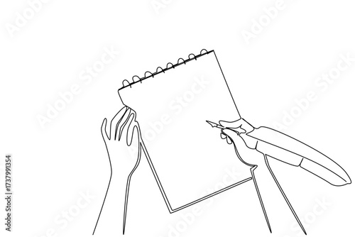 Single one line drawing hand writing in notebook using quill. Taking notes. Practice developing skills. Life notes. The most classic. National Notebook Day. Continuous line design graphic illustration