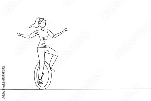 Single one line drawing a young beautiful woman riding a unicycle. Strong and brave woman. Entertaining the audience. Very balanced. Ride a Unicycle Day. Continuous line design graphic illustration