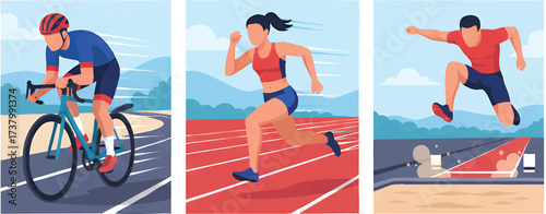 Athletes performing different sports including cycling, running, and jumping hurdles on a sunny day, showcasing dedication and athleticism.