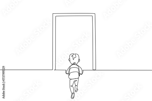 Single continuous line drawing boy carrying backpack walking towards the door. The joy of the new semester. Everything new. Enthusiastic. Walk Safely To School Day. One line design vector illustration