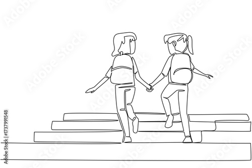 Continuous one line drawing 2 girls carrying backpacks holding hands walking up the stairs. True friendship of two students. Walk Safely To School Day. Single line draw design vector illustration