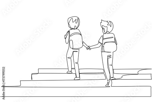 Continuous one line drawing 2 boys carrying backpacks holding hands walking up the stairs. Take care of each other until school. Walk Safely To School Day. Single line draw design vector illustration