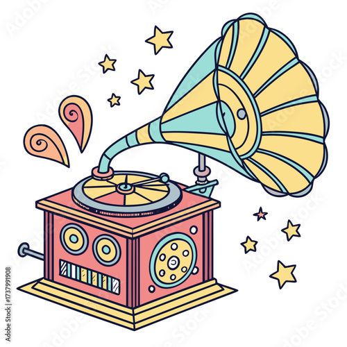 Retro gramophone with stars and sound waves vintage