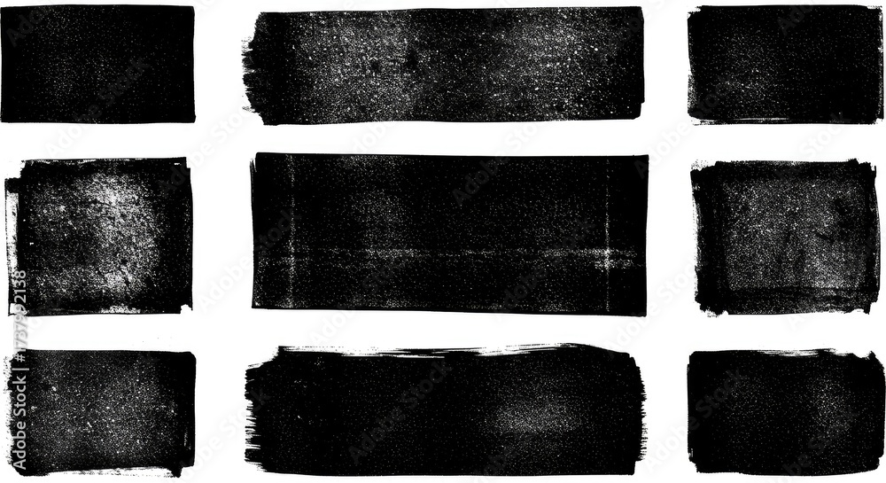 Naklejka premium Black linocut stamp textures on an acid white background. Handmade ink roller set with rough edges and aged effects, creating grunge urban backdrops and distressed street art overlays. 