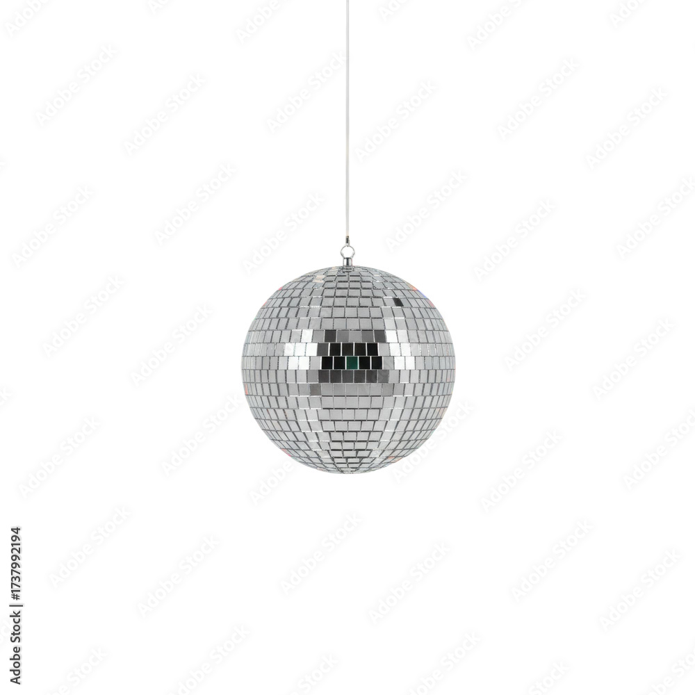 Fototapeta premium A disco ball suspended in air by a transparent tether isolated
