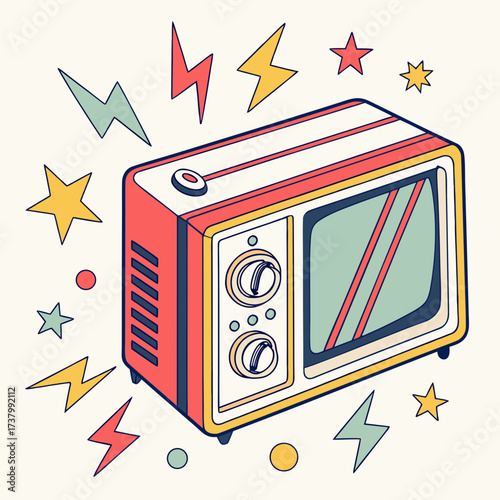 Retro microwave oven with colorful lightning bolts and stars