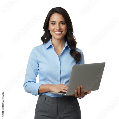 Hispanic Female professional holding laptop smiling. Digital marketing analyst holding computer looking at camera.