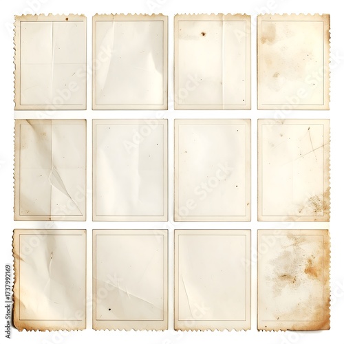 A curated collection of twelve vintage paper backgrounds featuring aged stains, creases, and torn edges, isolated on a minimal white background