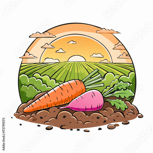 Freshly harvested carrots and radishes lying on rich soil at sunset in a field