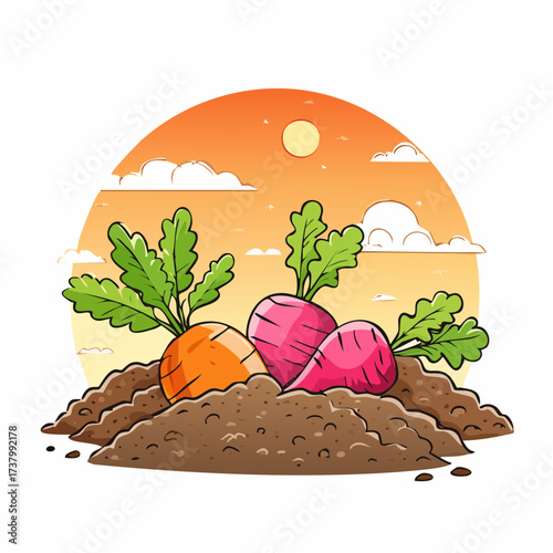 Freshly harvested carrots and radishes lying on rich soil at sunset in a field