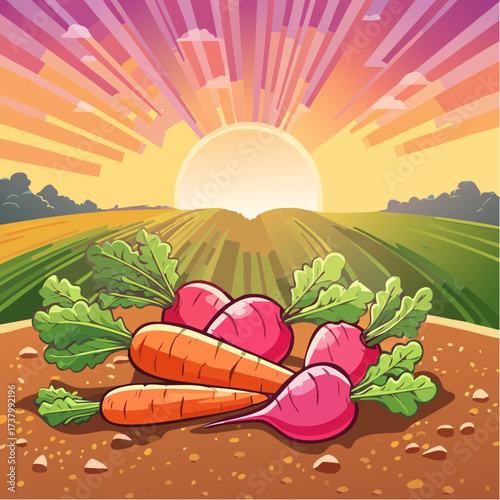 Freshly harvested carrots and radishes lying on rich soil at sunset in a field
