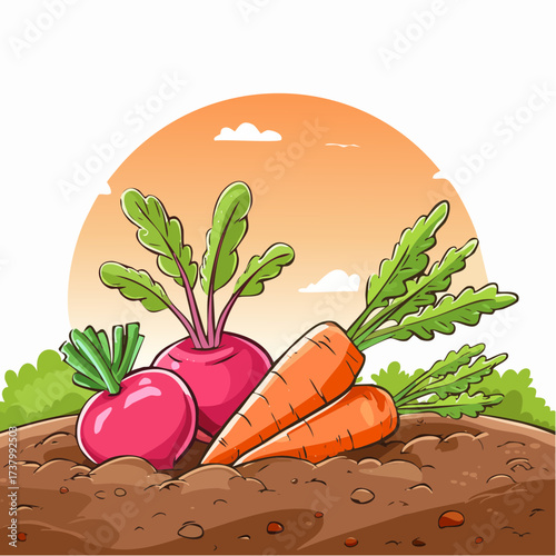 Freshly harvested carrots and radishes lying on rich soil at sunset in a field