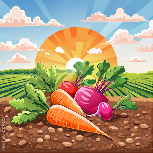 Freshly harvested carrots and radishes lying on rich soil at sunset in a field
