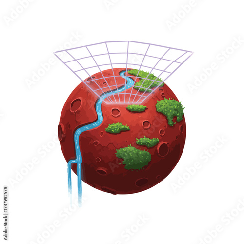 Illustration of the terraforming process on Mars, showing a river and green vegetation appearing on the red planet.