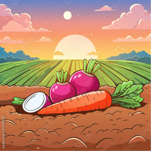 Freshly harvested carrots and radishes lying on rich soil at sunset in a field